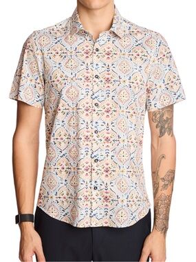 Paisley & Gray Mens Slim Fit Short Sleeve Button Down Shirt White Peach Sz S NWT